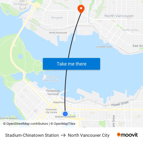 Stadium-Chinatown Station to North Vancouver City map