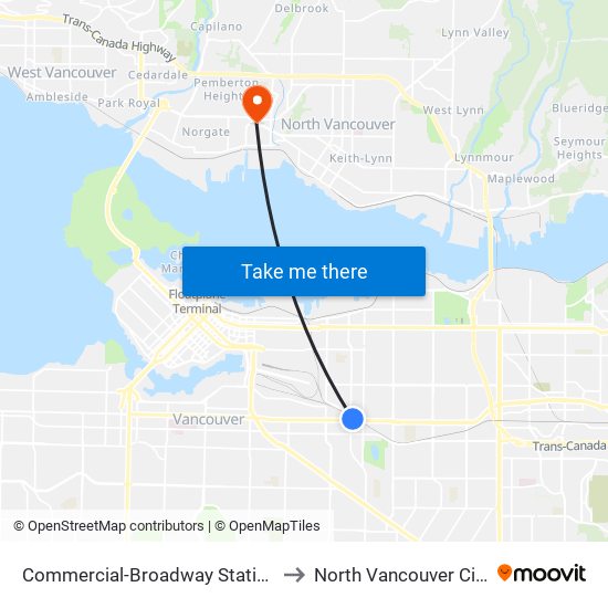 Commercial-Broadway Station to North Vancouver City map