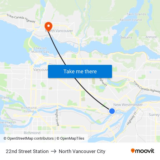 22nd Street Station to North Vancouver City map