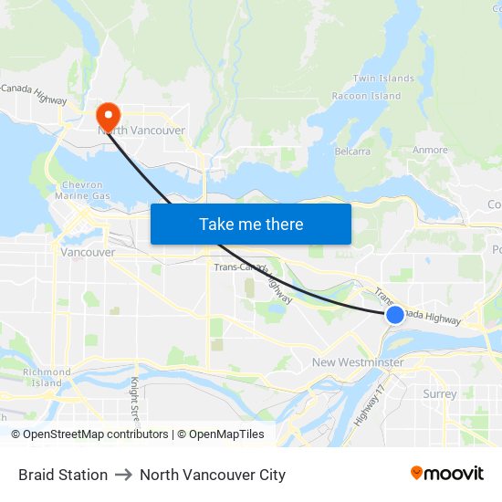 Braid Station to North Vancouver City map