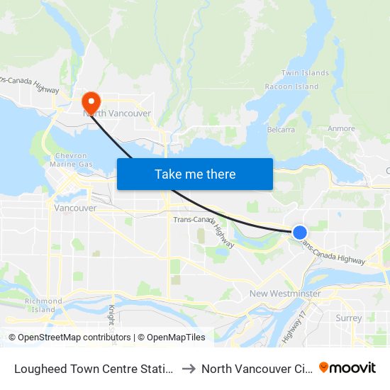 Lougheed Town Centre Station to North Vancouver City map