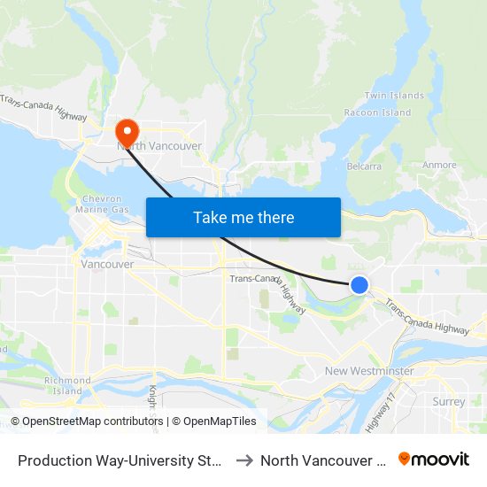 Production Way-University Station to North Vancouver City map