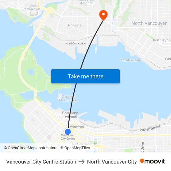Vancouver City Centre Station to North Vancouver City map