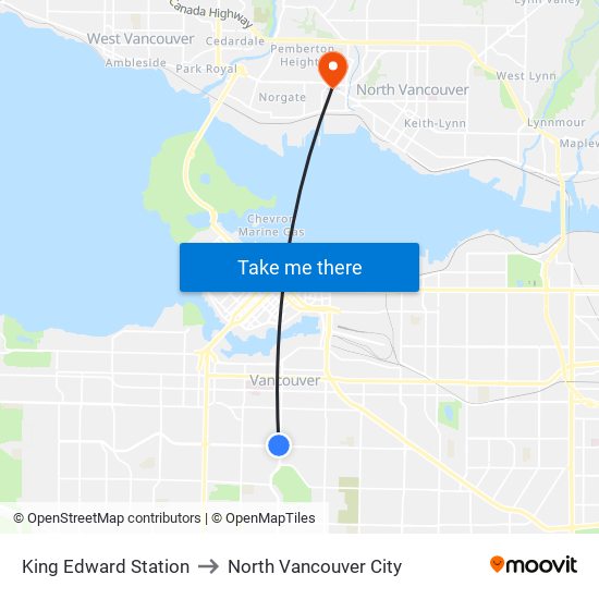 King Edward Station to North Vancouver City map