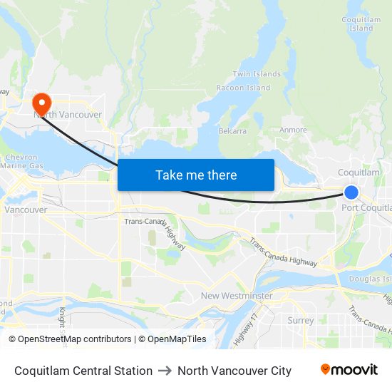 Coquitlam Central Station to North Vancouver City map