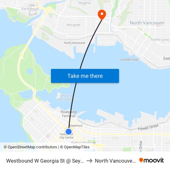 Westbound W Georgia St @ Seymour St to North Vancouver City map