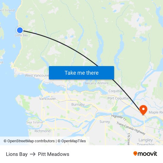 Lions Bay to Pitt Meadows map