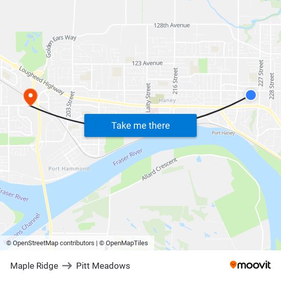 Maple Ridge to Pitt Meadows map