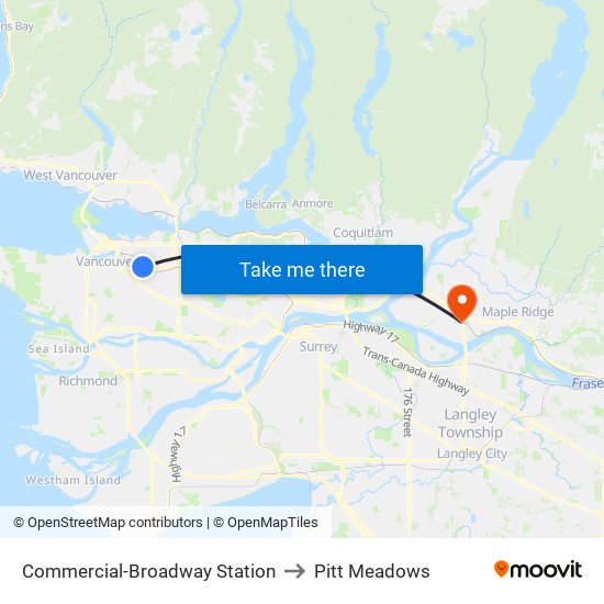 Commercial-Broadway Station to Pitt Meadows map