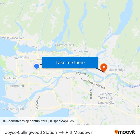 Joyce-Collingwood Station to Pitt Meadows map