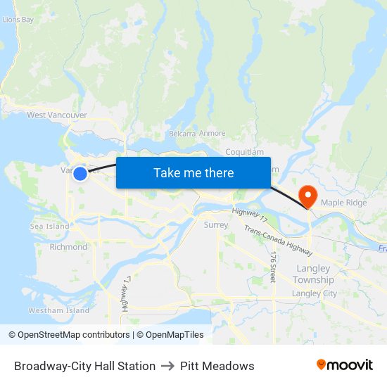 Broadway-City Hall Station to Pitt Meadows map