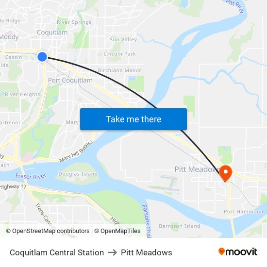 Coquitlam Central Station to Pitt Meadows map