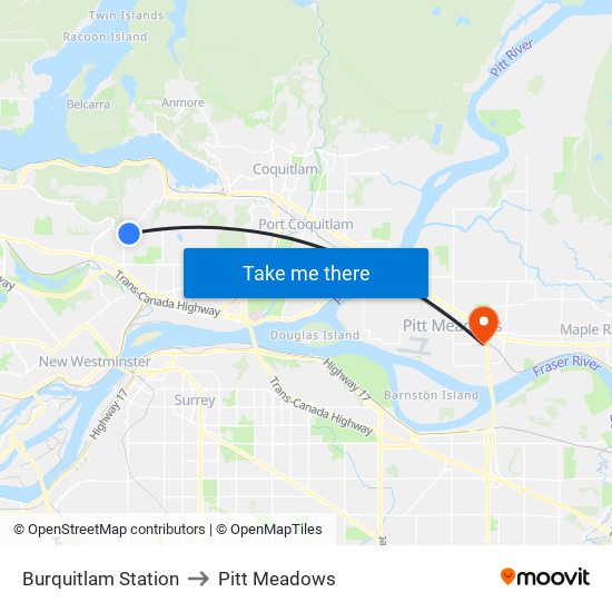 Burquitlam Station to Pitt Meadows map