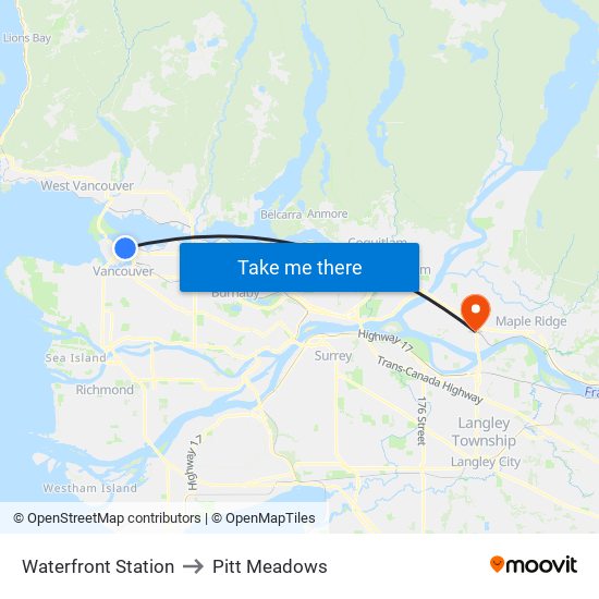 Waterfront Station to Pitt Meadows map