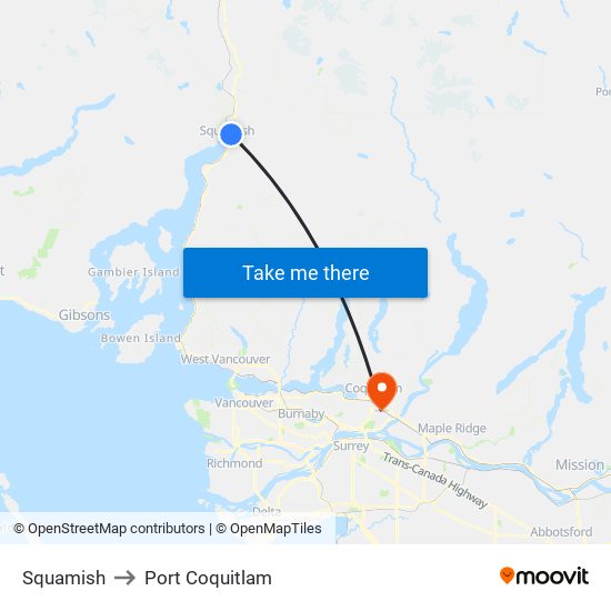 Squamish to Port Coquitlam map
