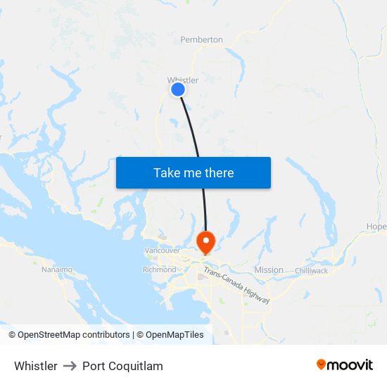 Whistler to Port Coquitlam map