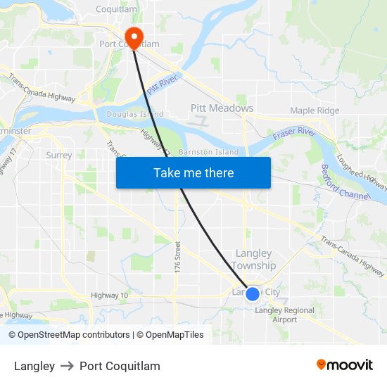 Langley to Port Coquitlam map