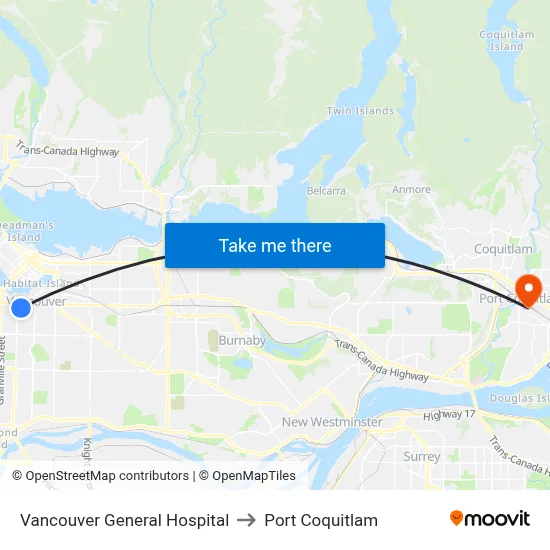 Vancouver General Hospital to Port Coquitlam map