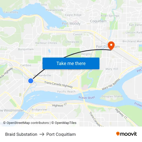 Braid Substation to Port Coquitlam map