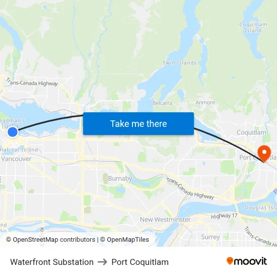 Waterfront Substation to Port Coquitlam map