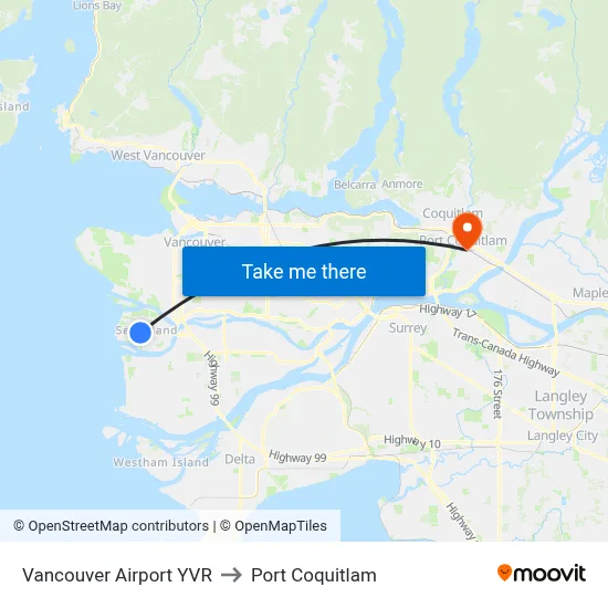 Vancouver Airport YVR to Port Coquitlam map