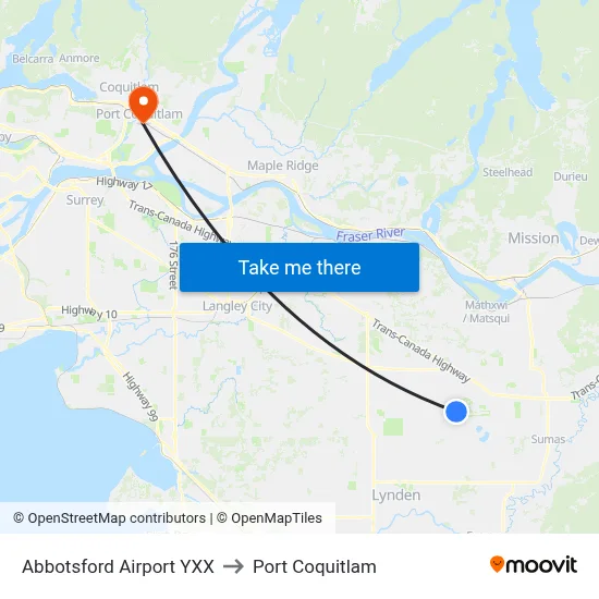 Abbotsford Airport YXX to Port Coquitlam map
