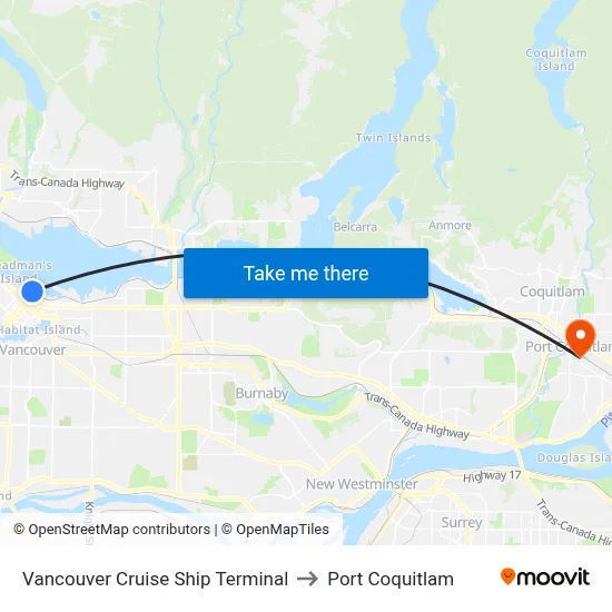 Vancouver Cruise Ship Terminal to Port Coquitlam map