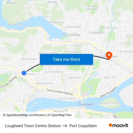 Lougheed Town Centre Station to Port Coquitlam map
