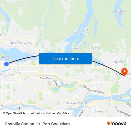 Granville Station to Port Coquitlam map