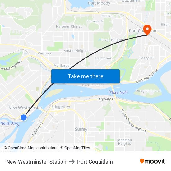 New Westminster Station to Port Coquitlam map