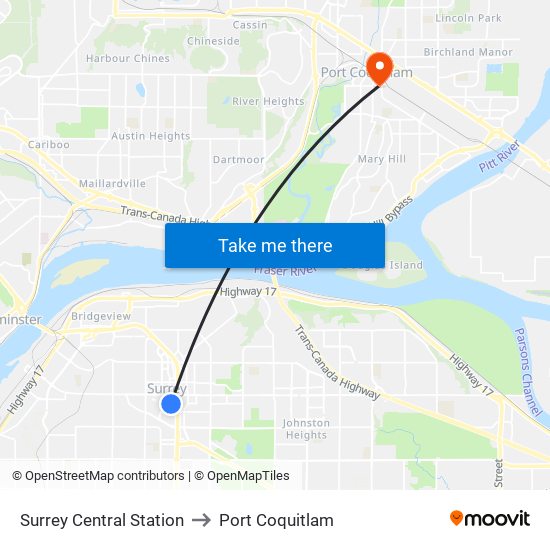 Surrey Central Station to Port Coquitlam map