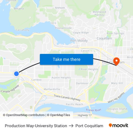 Production Way-University Station to Port Coquitlam map