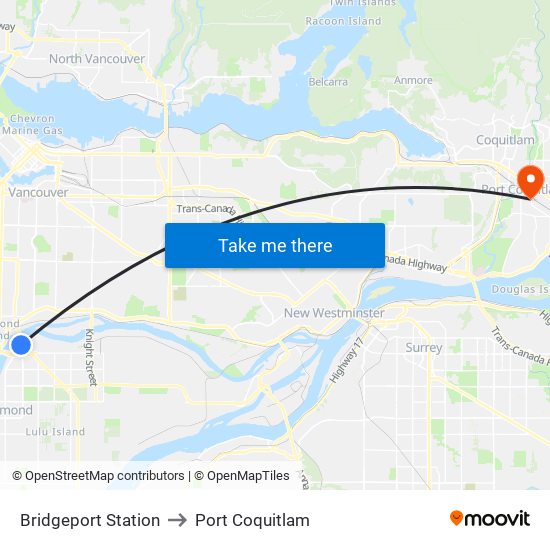 Bridgeport Station to Port Coquitlam map