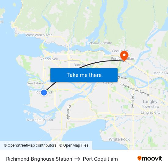Richmond-Brighouse Station to Port Coquitlam map