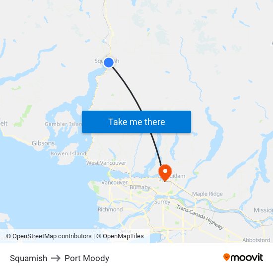Squamish to Port Moody map