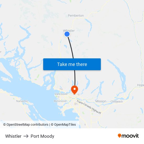 Whistler to Port Moody map