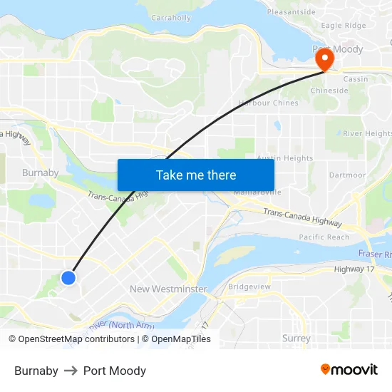 Burnaby to Port Moody map