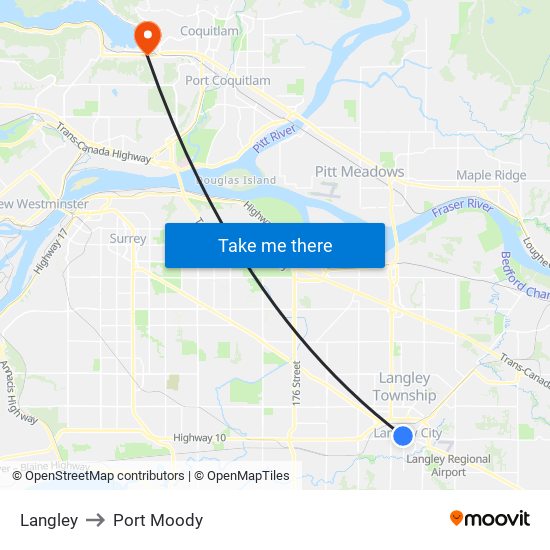 Langley to Port Moody map