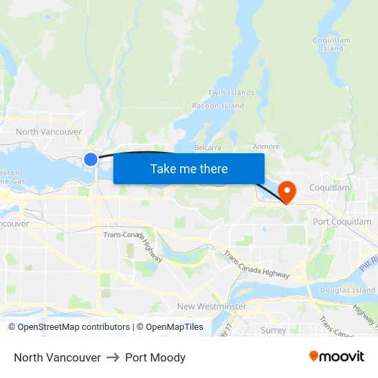 North Vancouver to Port Moody map