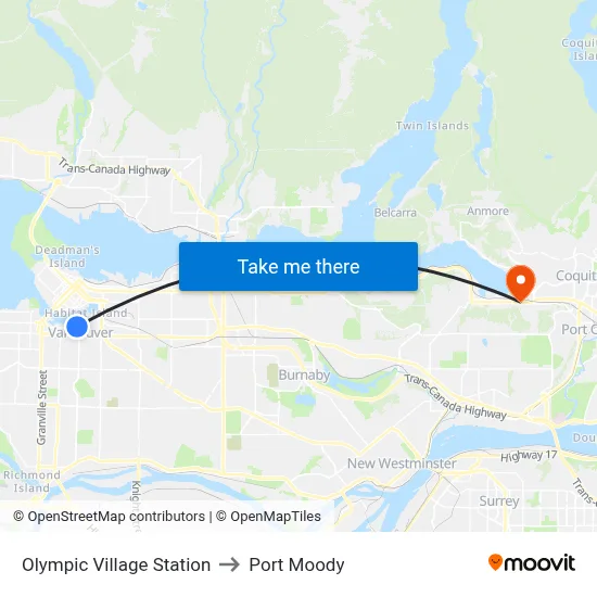 Olympic Village Station to Port Moody map