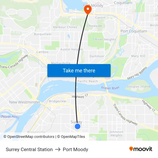 Surrey Central Station to Port Moody map