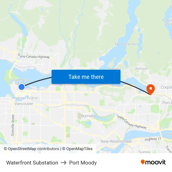 Waterfront Substation to Port Moody map