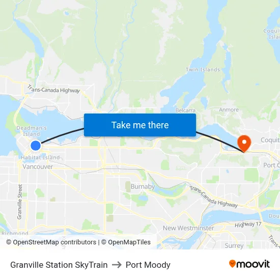 Granville Station SkyTrain to Port Moody map