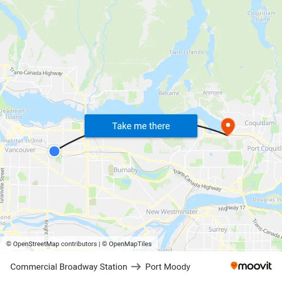 Commercial Broadway Station to Port Moody map