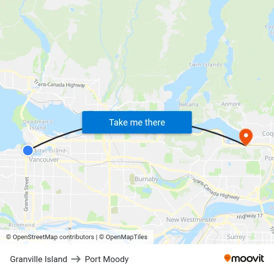 Granville Island to Port Moody map