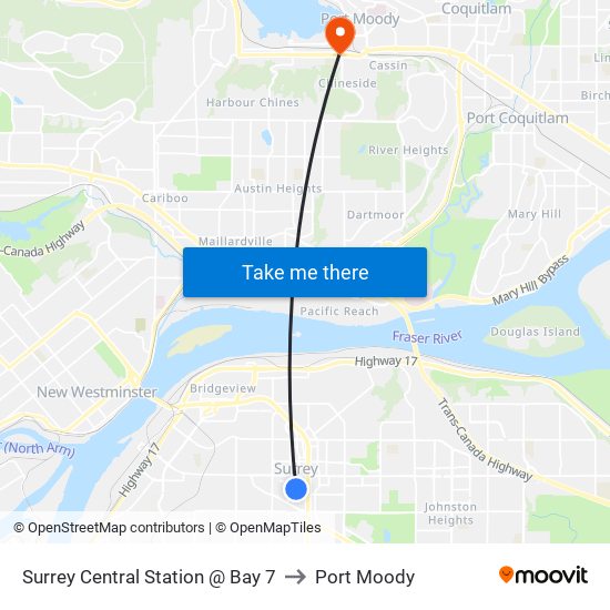 Surrey Central Station @ Bay 7 to Port Moody map