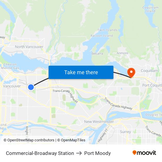 Commercial-Broadway Station to Port Moody map