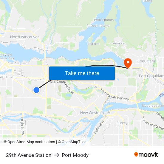 29th Avenue Station to Port Moody map