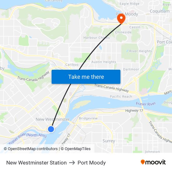 New Westminster Station to Port Moody map