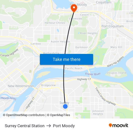 Surrey Central Station to Port Moody map